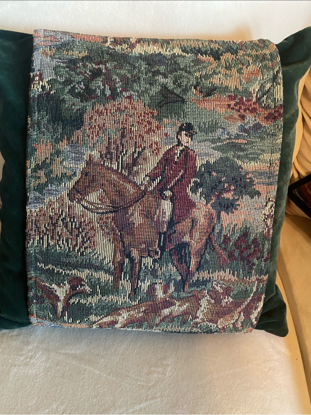 Vintage Equestrian Tapestry and Green Velvet Pillow Approx 14” X 14”